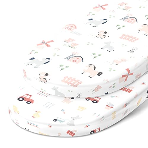 Bassinet Sheets Compatible with 4moms Mamaroo Sleep Bassinet - Fits 18 x 30 Inch Oval Bassinet Mattress – Snuggly Soft 100% Jersey Cotton – 2 Pack – Farm Animals – 2 Pack
