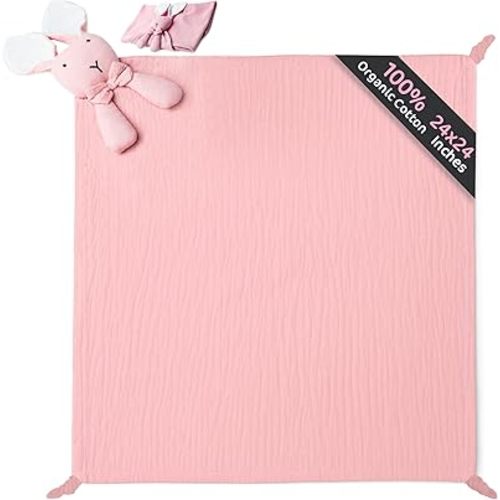 Baby Lovey Blanket – Muslin Security Blanket with Plush Bunny for Newborn Boys or Girls – Soft and Cozy Lovey 24 x 24 inches