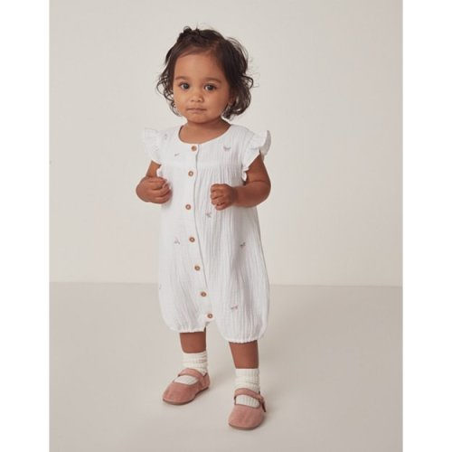Organic Crinkle Cotton Floral Embroidered Romper (0—24mths)