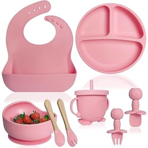 Bluet B - Silicone Baby Feeding Set - Baby Led Weaning Supplies - Baby Spoons, Suction Bowl - Plate - Baby Utensils - Silicone Feeding Set for Baby First Foods, Infant Eating - 8pcs - Pink