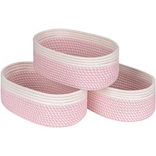 Off White&Mixed Pink Shelf Basket to Store and Organize Household Items/Baskets&Bins for Daily Storage &Organizing/Woven Rope Basket for Bedroom,Playroom/Small Oval-13x8.66x5.11’’,3 Packs