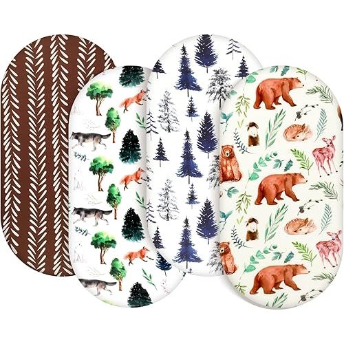 4 Pack Bassinet Sheets Woodland Forest Animals Wood Neutral Unisex Fitted Baby Bassinet Sheets Set for Standard Bassinets for Baby Boys or Girls