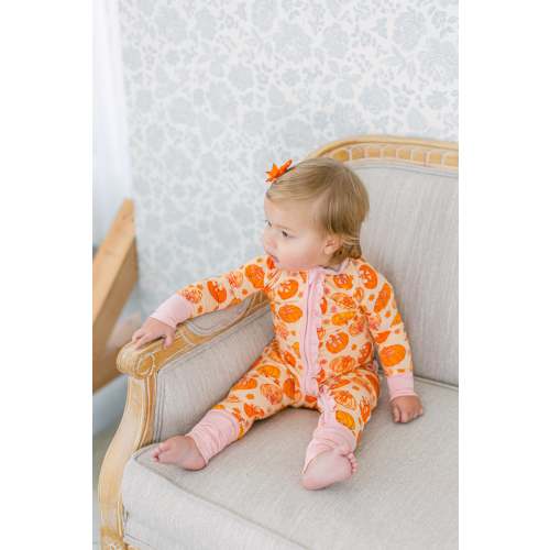 Orange Pumpkin Bows Bamboo Ruffle Romper I Poppy Kids Co