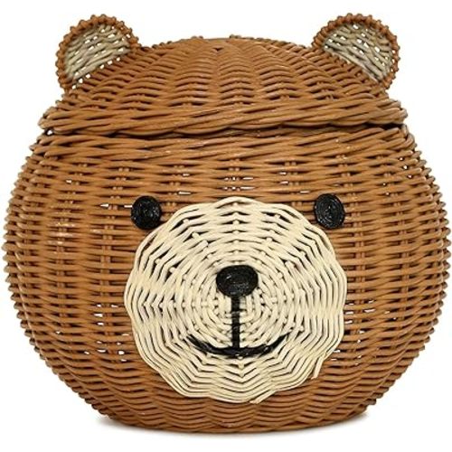 Bear Rattan Storage Basket With Lid Decorative Bin Home Decor Hand Woven Shelf Organizer Cute Handmade Handcrafted Gift Art Decoration Artwork Wicker Bear (Bear Head)