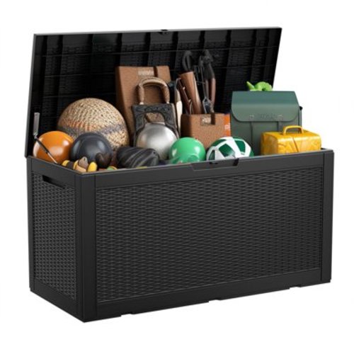 100 Gallon Rattan Deck Box, Lockable Weatherproof Ourdoor Storage Container for Pool Accessories, Patio Furniture, Cushions, Toys and Garden Tools - Black