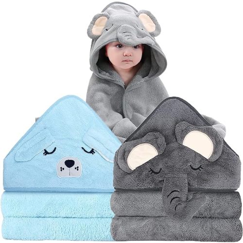 2 Pack Hooded Baby Towels - Premium Ultra Soft Organic Baby Bath Towel – Absorbent and Hypoallergenic Towels for Baby Boy Girl, Toddler, Newborn Essentials (Elephant & Dog)