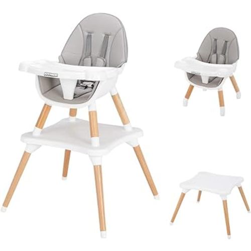 JOYMOR 5-in-1 Convertible Baby High Chair for Babies to Toddlers, Table and Chair Set, Wooden Infant Eating Highchair with Leather Seat Cushion, 4-Position Removeable & Adjustable Tray (Grey)