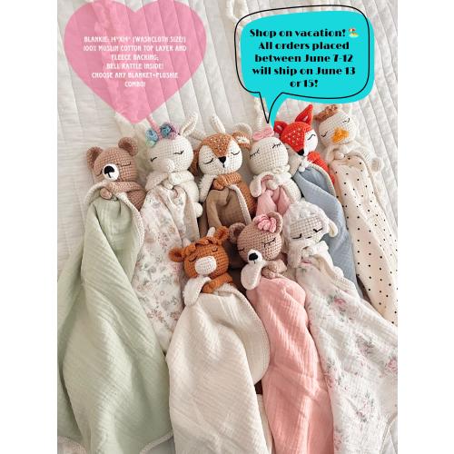 Personalized Crochet Animal Lovey Blankie: Organic Cotton Rattle Toy and Washcloth