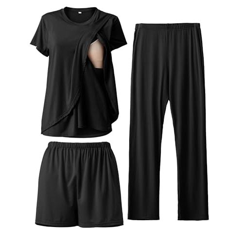 Rnxrbb 3 Piece Postpartum Nursing Pajamas Set Casual Soft Maternity Breastfeeding Pjs Sleepwear Loungewear Clothes Layer