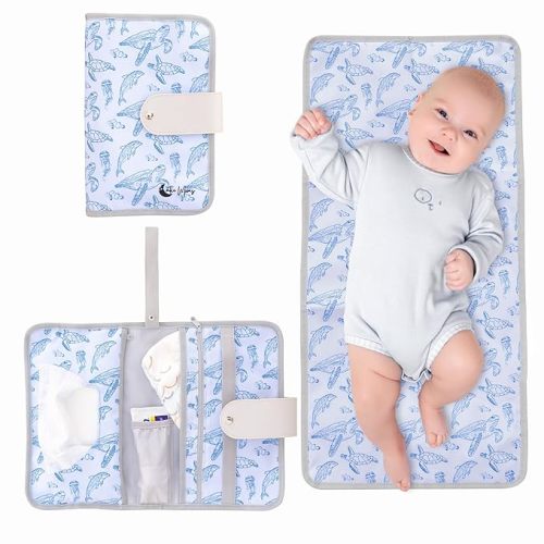 Portable Changing Pad - Waterproof Travel Changing Pad for Baby - includes Pockets for Wipes, Diapers and Cream - Baby Shower Gifts- Newborn Girl & Boy- Baby Essentials - Blue Sealife