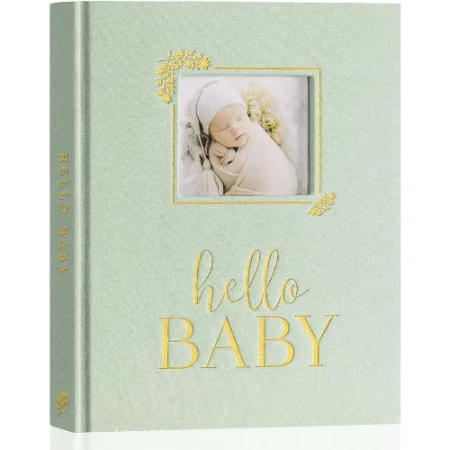 Lanpn Baby Memory Book Journal, Newborn First 5 Year Keepsake, Linen Baby Photo Book Memories Keepsake Scrapbook with DIY Window, Baby Milestone Album for Boy Girl New Parents (Sage Green, 154 Pages)