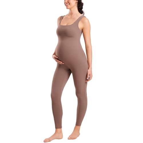 MOMANDA Maternity Jumpsuit Workout Romper for Pregnancy Seamless Leggings Bodysuit Sleeveless Square Neck Tank Top