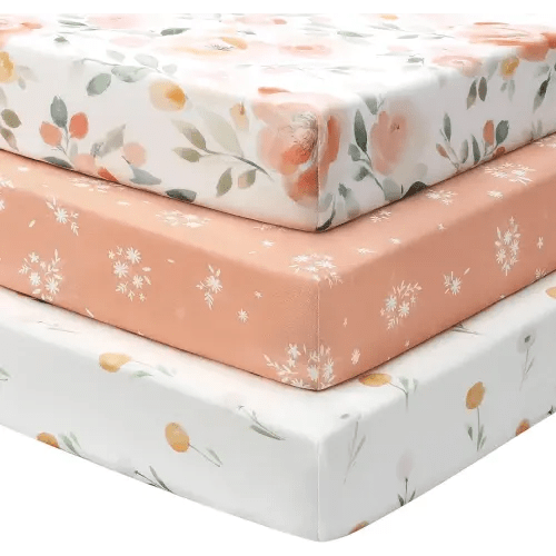 Baby Crib Sheets Girl, 3 Pack Toddler Bed Sheets for 52”x28” Standard Toddler Mattresses, Soft Microfiber Fitted Crib Sheets Neutral Orange Watercolor Flower