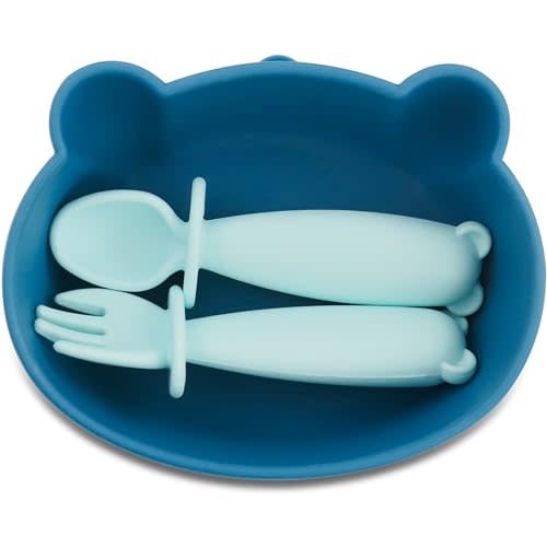 teensy peepsy Silicone Bowl Suction with Spoon and Fork for Babies 6 months+ Suction Bowls for Baby Utensils 6-12M+ BLW Baby Essentials Newborn Essentials Must Haves (Aquamarine)