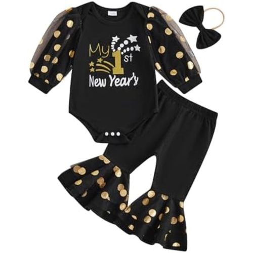 My First New Years Baby Girl Outfit 0 3 Months Newborn Long Sleeve Romper Onesie Flare Pants Clothes Set