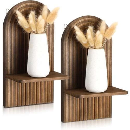 Tatuo 2 Pieces Vintage Boho Wall Shelf Decor Floating Shelves for Wall Mid Century Modern Wooden Hanging Holder Retro for Living Room Bathroom Bedroom Office Nursery Decoration