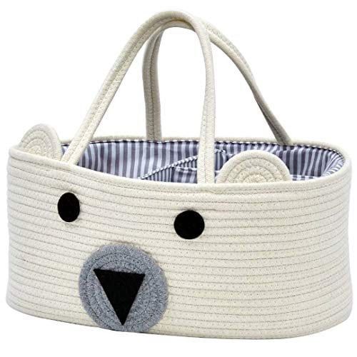 InfiBay Baby Diaper Caddy Organizer, Baby Nursery Storage with Removable Dividers and Sturdy Handles, Cute Bear Basket, Cotton Rope Baby Basket, Portable Diaper Storage Basket