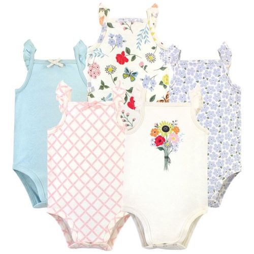 Touched By Nature Baby Girl Organic Cotton Bodysuits 5pk, Flutter Garden, 6-9 Months