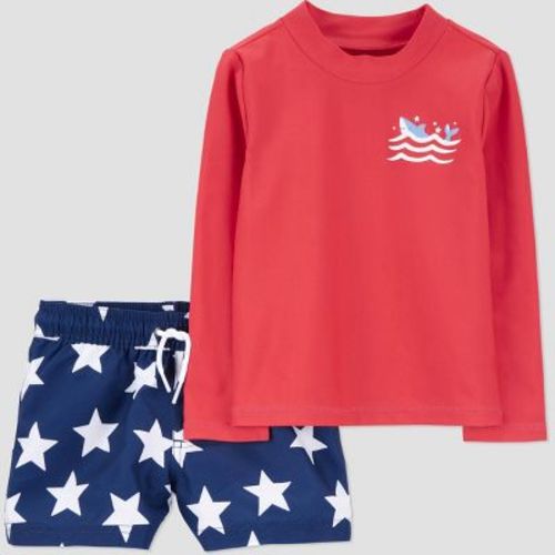 Carter's Just One You® Baby Boys' 4th Of July Long Sleeve Shark Rash Guard and Trunk Set - Red/White/Blue 12M: UPF 50+, Polyester Mesh