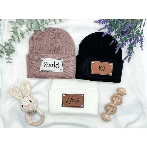 Personalized Baby Hat with Name, Custom Infant Beanie, Leather Patch Beanies for Baby, Customized Baby Knit Beanie, Unique Baby Shower Gift