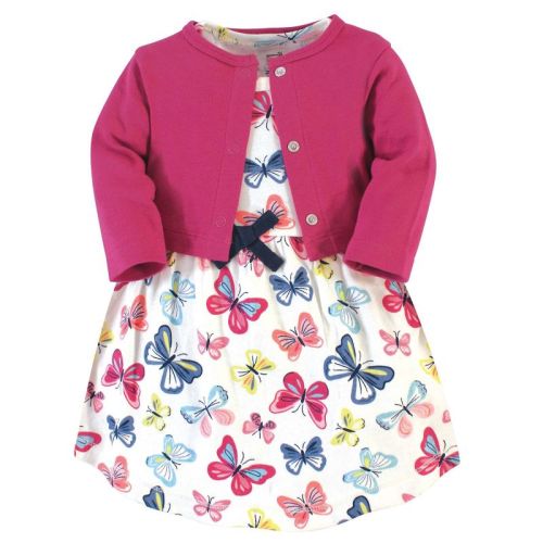 Touched By Nature Baby And Toddler Girl Organic Cotton Dress And Cardigan 2pc Set, Bright Butterflies, 5 Toddler