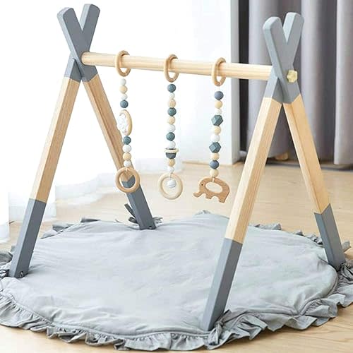 Wooden Baby Play Gym with Mat, Baby Play Gym Frame Activity Gym Hanging Bar with 5 Gym Baby Toys Gift for Newborn Baby