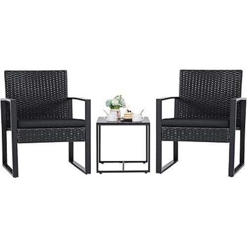 Flamaker 3 Pieces Patio Set Outdoor Wicker Furniture Sets Modern Rattan Chair Conversation Sets with Coffee Table for Yard and Bistro (Black)