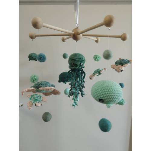 Sage green octopus, whale and turtle baby mobile