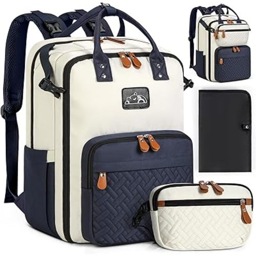 RAINSMORE Diaper Bag Backpack, Large Waterproof Baby Bag with Changing Pad, Detachable Crossbody Bag & Stroller Straps Travel Diaper Backpack for Moms Dads Unisex Baby Essentials Organizer