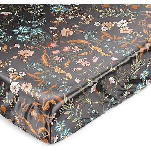 Sweet Jojo Designs Black Boho Wildflower Vintage Floral Girl Baby Satin Fitted Crib Sheet Infant Newborn Nursery Toddler Bed Room Standard Orange Botanical Garden Leaf Bohemian Farmhouse Cottagecore