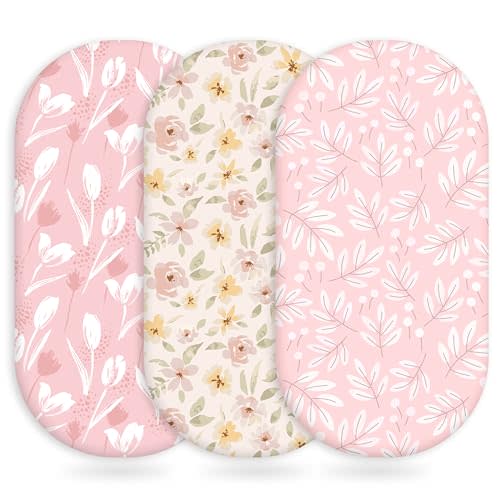 Unnivoll Baby Bassinet Sheets Girl Boy, Fitted Bassinet Sheet Set 3 Pack Bassinet Mattress Sheets Universal Fit for Rectangle, Round, Oval, Hourglass Mattress, Soft Breathable Pink Flowers & Leaf