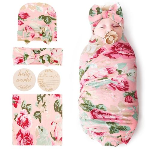 DRESHOW BQUBO Baby Girl Newborn Floral Receiving Blankets with Bow Hat Headband Wooden Birth Announcement Card Set Newborn Baby Swaddling Hats Sleepsack Toddler Warm Shower Gift