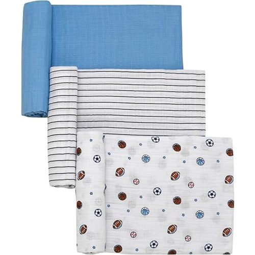 3 Pack Cotton Muslin Swaddle Blankets for Baby, 40" x 36", Lightweight, Breathable, Blue, (All Sports)