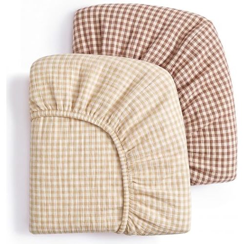 Blissful Diary Muslin Mini Crib Sheets, 2 Pack, Beige Gingham&Brown Gingham