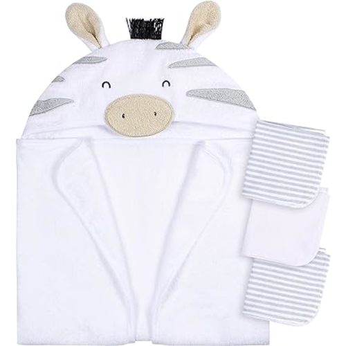 Gerber Baby 4 Piece Animal Character Hooded Towel and Washcloth Set, Grey Zebra, One Size