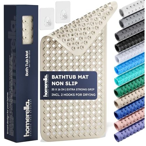 Bathtub Mat Non Slip 35x16 - homerella® Bath Mat Incl. Hooks for Drying, Extra Long, 100% BPA Free, Shower Mat Non Slip Anti Mold, Machine Washable, Shower Mats for Inside Shower Mildew Resistant