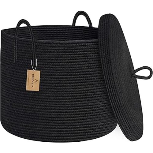 18" X 14" Large Black Basket with Lid, Cotton Rope Storage Basket for Blanket, Toy, Pillow, Towel, Living Room Bedroom Storage Bin, Wicker Woven Basket, All Black Organizing Basket with Cover