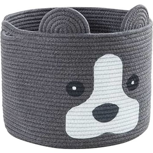 Dog shaped Basket, Large Woven Cotton Rope Animal Storage Basket for Kids, Baby Laundry Basket for Toys, Towels, Blanket, Clothes | Dogs Gift Basket - 16" L×12" H, Dark Grey