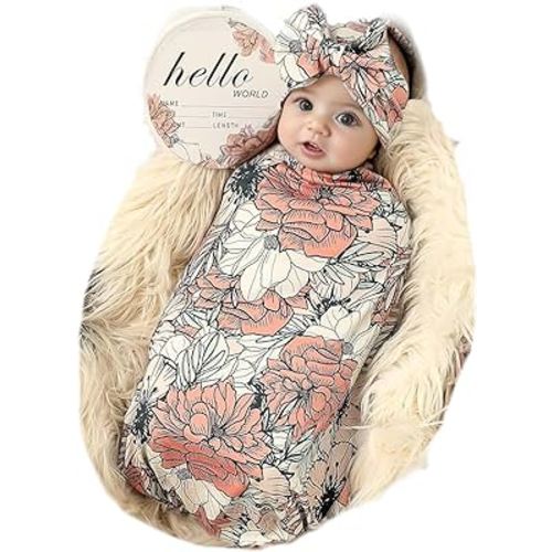 Galabloomer Newborn Receiving Blanket Headband Set Baby Flower Swaddle (cocal Almond)