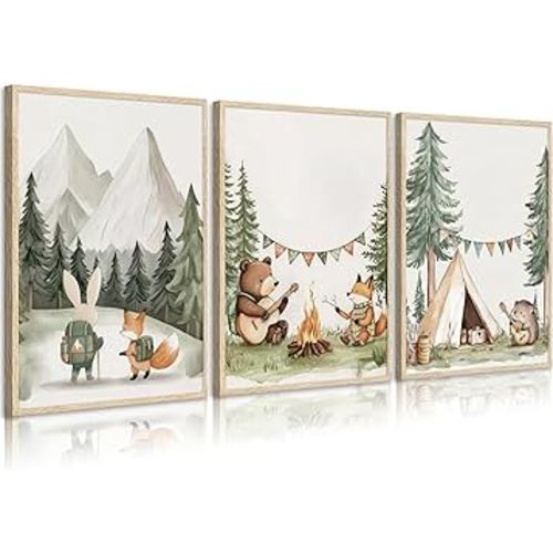 Woodland Animal Nursery Canvas Wall Art Fox Bear Rabbit Hedgehog Paintings Pictures Safari Nursery Wall Decor Forest Animals Camping Campfire Poster Print Artwork for Boys Kids Room Home Decoration