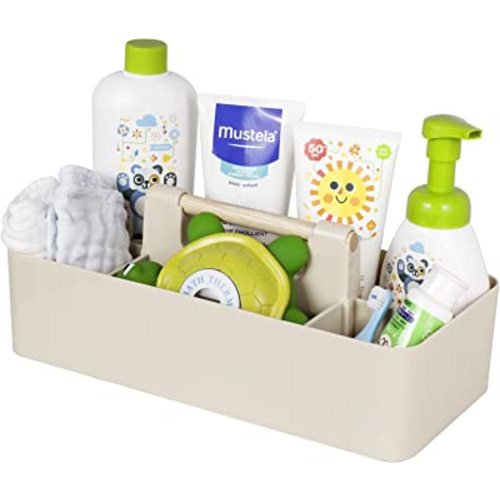 Baby Shower Caddy Plastic Nursery Portable Storage Organizer Caddy Tote for Child/Kids, Divided Basket Bin with Wood Handle for Bathroom, Dorm Room, Holds Hand Soap, Bottles, Spoons (Light Khaki)…