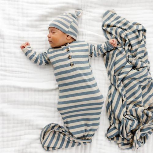 Lou Lou & Co - Infant Lincoln Ribbed Knotted Gown in Blue Stripes