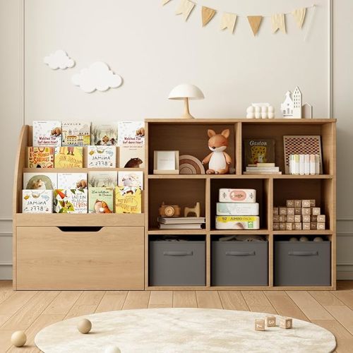 Kids Bookshelf and Toy Storage, Natural Wood