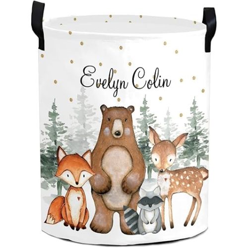 Woodland Forest Animals Personalized Laundry Basket Clothes Hamper with Handles Waterproof,Custom Collapsible Laundry One Size