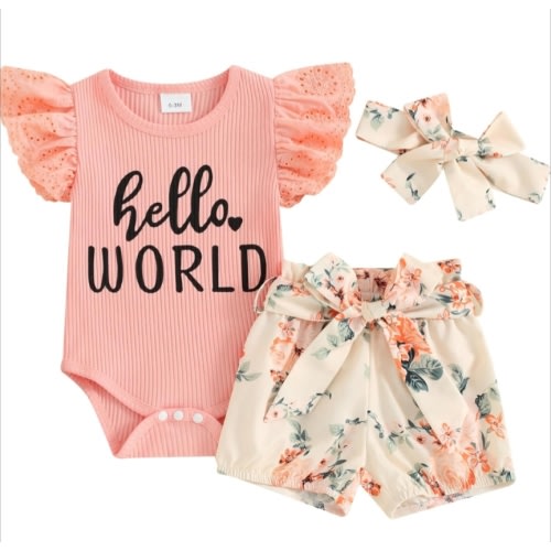 Hello World Newborn Outfit Baby Girl Going Home Outfit Ruffle Ribbed Romper Top Floral Pants Set Cute Summer Clothes