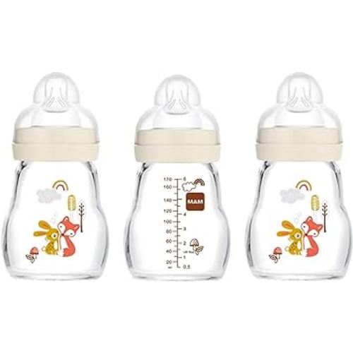 MAM Feel Good Slow Flow Premium Glass Bottle, Easy Switch Between Breast and Bottle, 5oz, 0+ Months, Unisex, 3 Pack