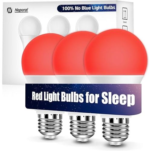 Neporal Red Light Bulbs for Sleep 9W, 100% Blue Light Blocking Red Night Light, 625nm Red Light Bulb for Melatonin Promoting, A19 60W Equivalent Dim Light Bulbs for Bedroom, Baby Nursery,3 Pack