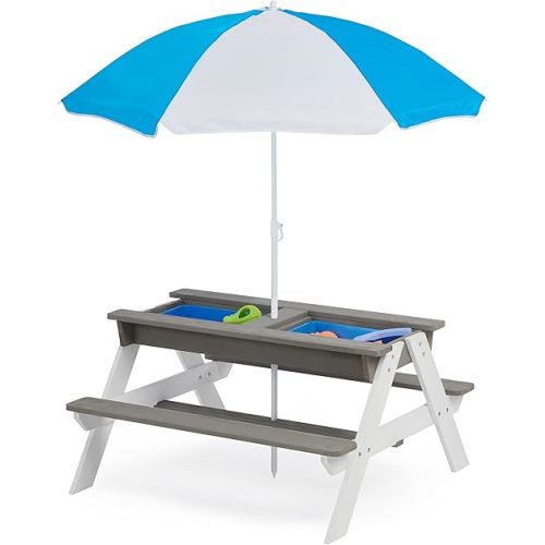 SoliWood Kids 3 in 1 Convertitable Sand and Water Table with Umbrella, Picnic Table for Outdoor Backyard Patio Play