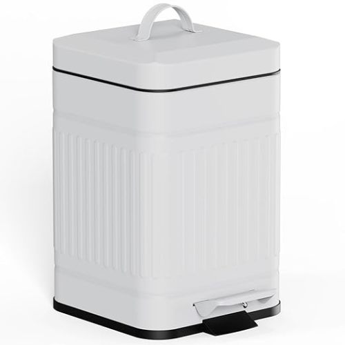 CEROELDA Small Trash Can with Lid-5L/1.3 Gal, Stainless Steel Outdoor Dog Poop Garbage Can-Farmhouse Retro Metal Waste Bin w/Step Pedal for Bathroom Bedroom Office-Soft Close-White