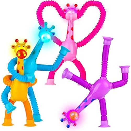 LED Telescopic Suction Cup Giraffe Toys,Sensory Tube Toddler Travel Toys,Stress Relief ADHD Autism Fidget Toys for Kids, Easter Basket Stuffers for Gifts (4 Pcs Giraffe)